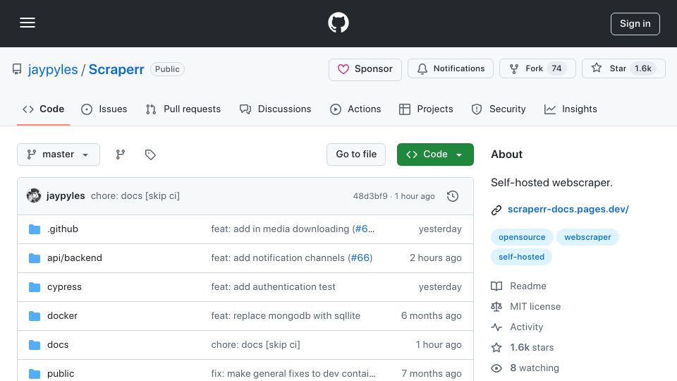 Screenshot of github.com: Scraperr – A Self Hosted Webscraper