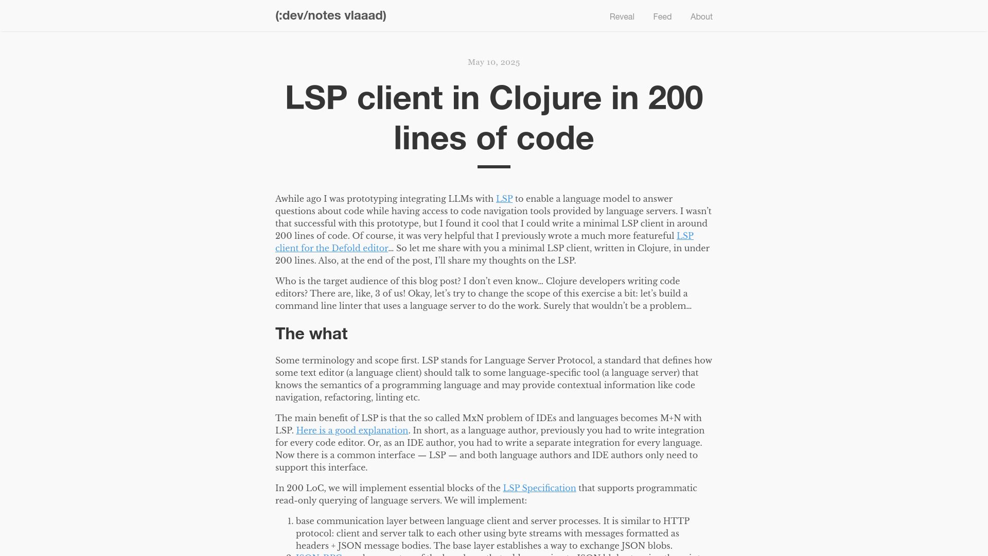 Screenshot of vlaaad.github.io: LSP client in Clojure in 200 lines of code