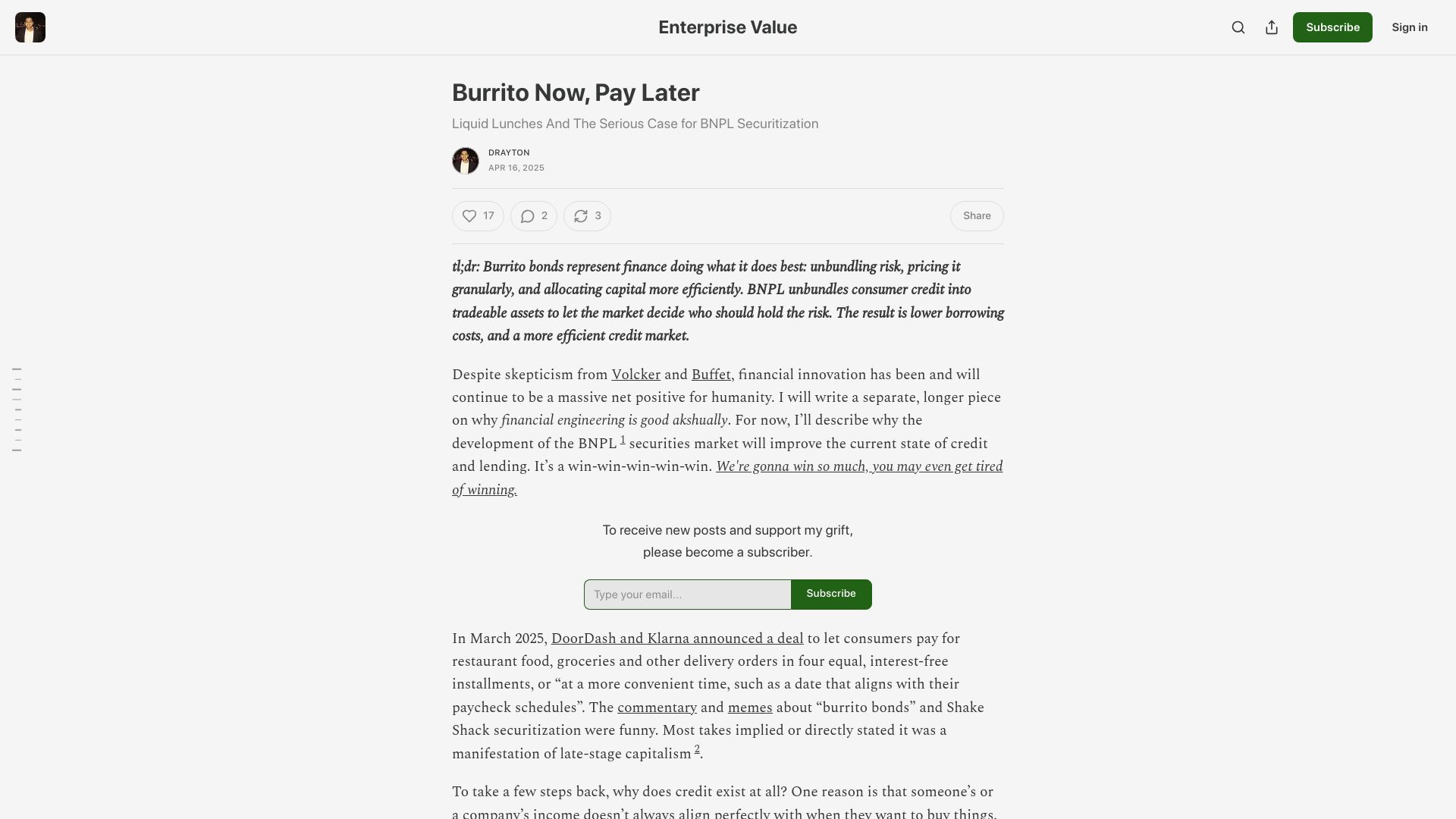 Screenshot of enterprisevalue.substack.com: Burrito Now, Pay Later
