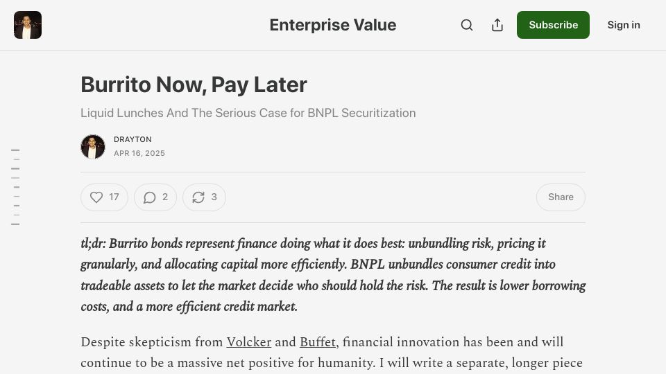 Screenshot of enterprisevalue.substack.com: Burrito Now, Pay Later