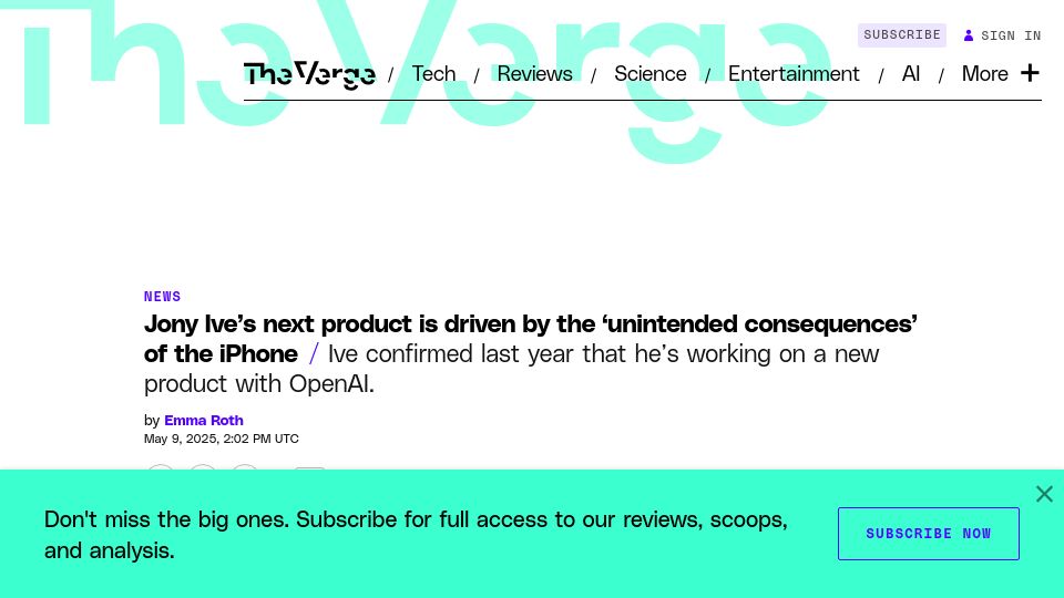 Screenshot of theverge.com: Jony Ive's next product is driven by the 'unintended consequences' of the iPhone