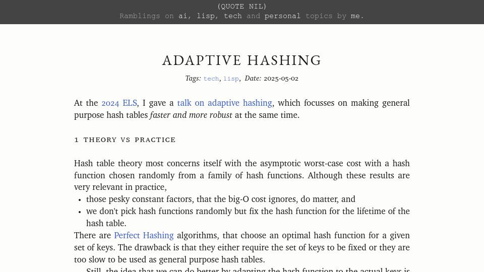 Screenshot of quotenil.com: Adaptive Hashing