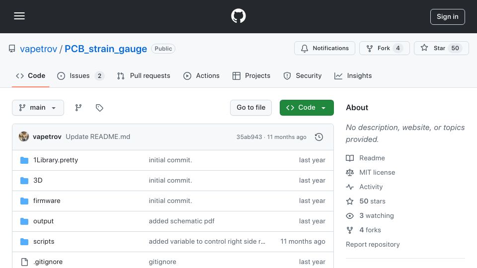 Screenshot of github.com: Strain gauge made out of PCB