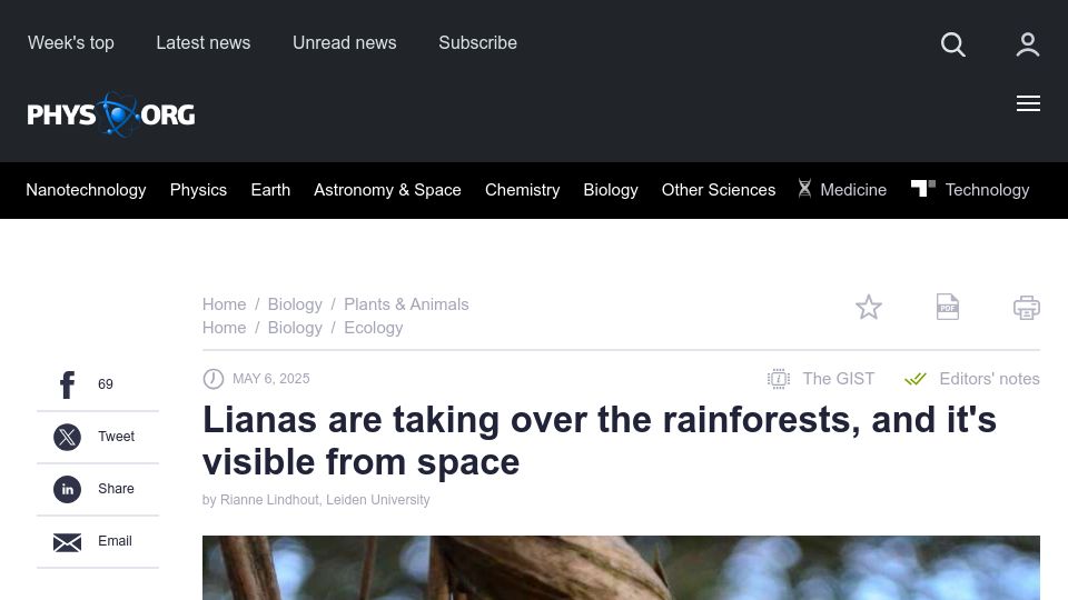 Screenshot of phys.org: Lianas are taking over the rainforests, and it's visible from space