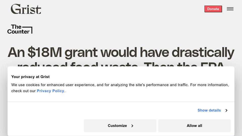 Screenshot of grist.org: An $18M grant would have drastically reduced food waste. Then the EPA cut it