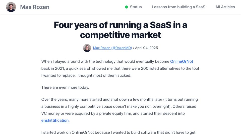Screenshot of maxrozen.com: Four years of running a SaaS in a competitive market