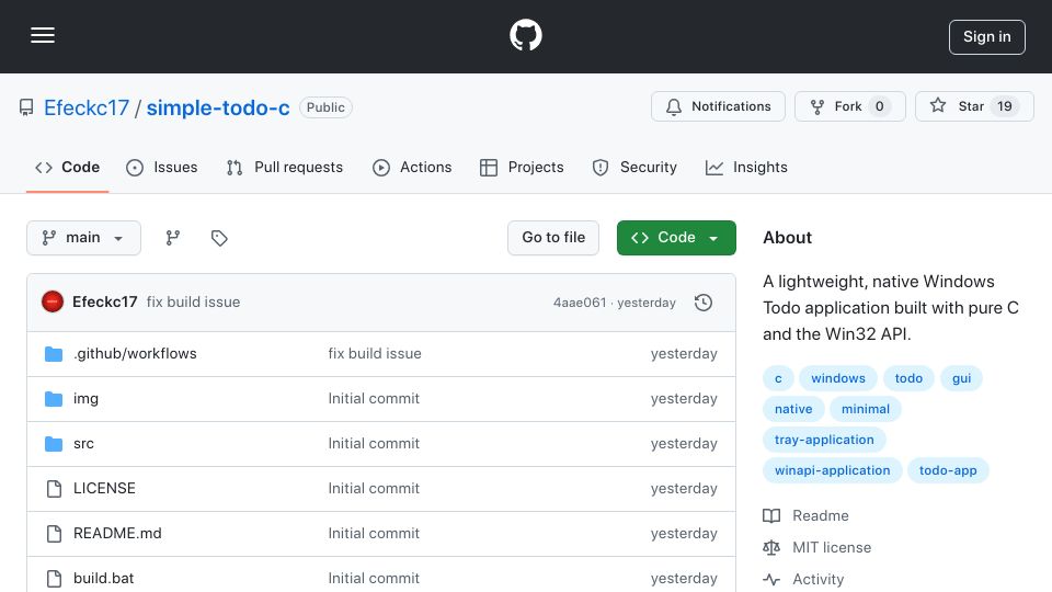 Screenshot of github.com: I built a native Windows Todo app in pure C (278 KB, no frameworks)