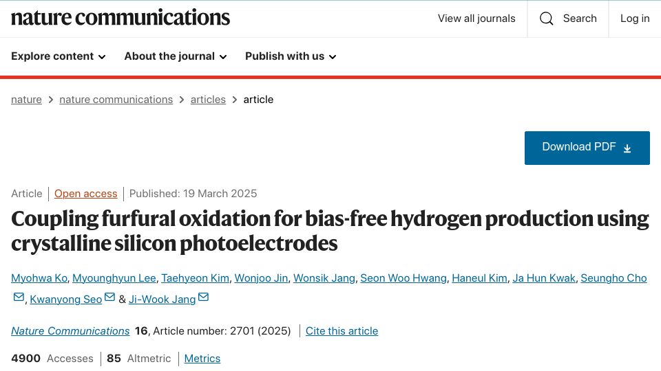 Screenshot of nature.com: Coupling furfural oxidation for H2 production using silicon photoelectrodes