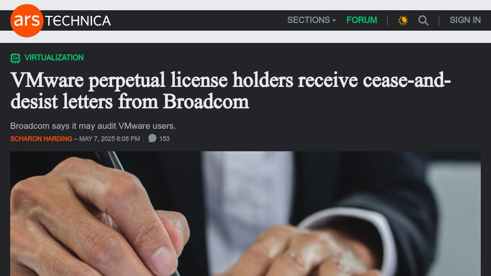 Screenshot of arstechnica.com: VMware perpetual license holders receive cease-and-desist letters from Broadcom
