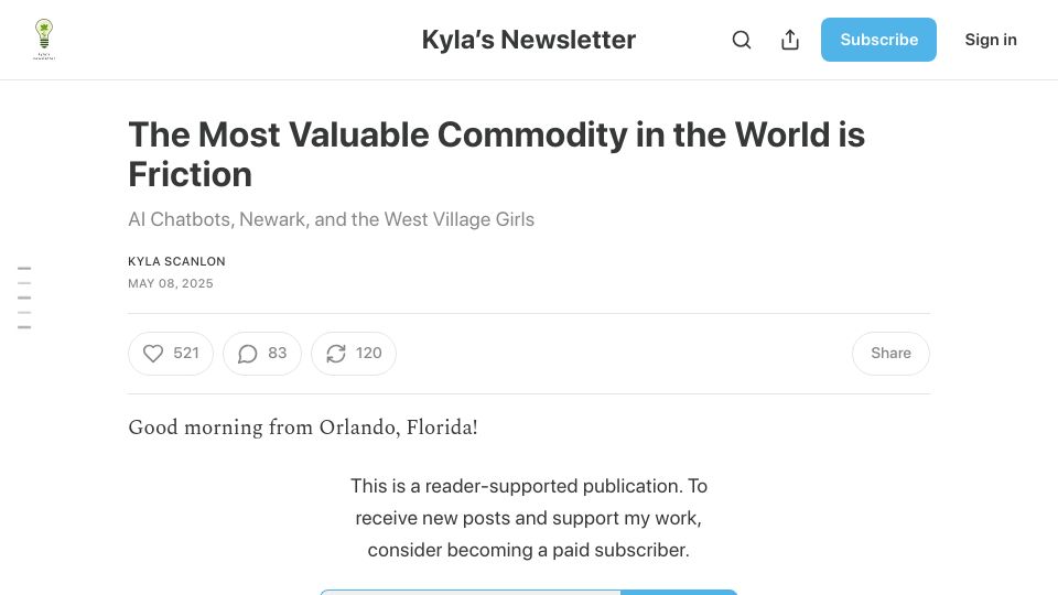 Screenshot of kyla.substack.com: How friction is being redistributed in today's economy