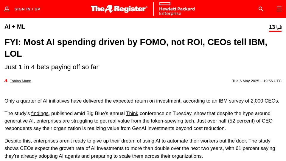 Screenshot of theregister.com: Most AI spending driven by FOMO, not ROI, CEOs tell IBM