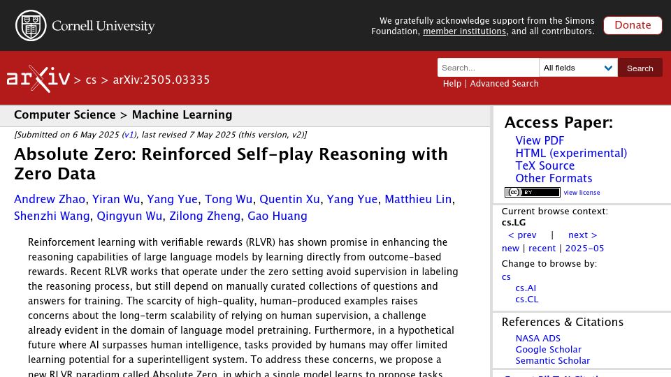 Screenshot of arxiv.org: Absolute Zero: Reinforced Self-Play Reasoning with Zero Data