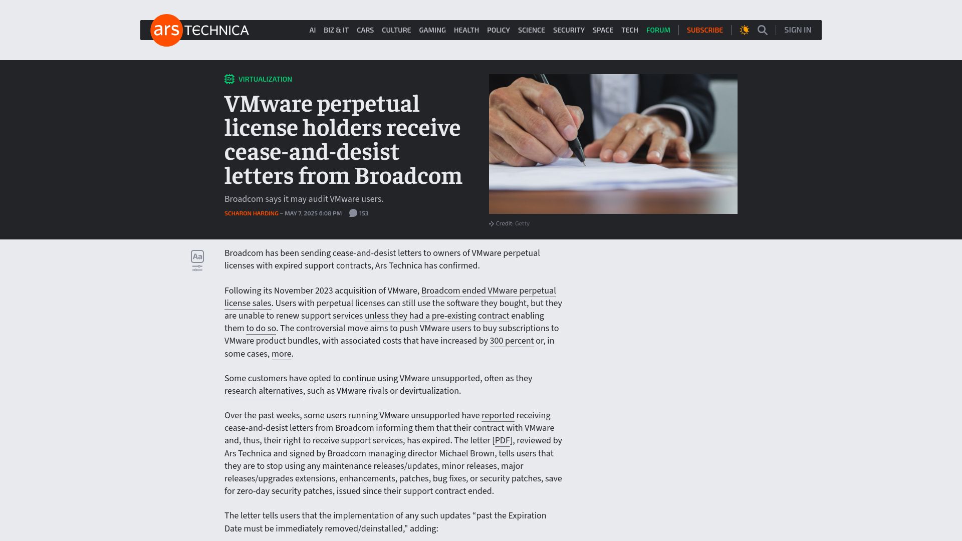 Screenshot of arstechnica.com: VMware perpetual license holders receive cease-and-desist letters from Broadcom