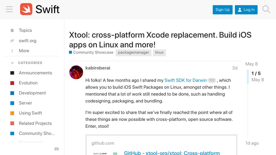 Screenshot of forums.swift.org: Build iOS Apps on Linux and Windows