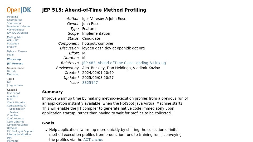 Screenshot of openjdk.org: JEP 515: Ahead-of-Time Method Profiling