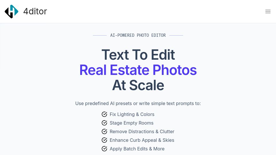 Screenshot of 4ditor.com: Show HN: AI-powered batch photo editor for real estate photographers