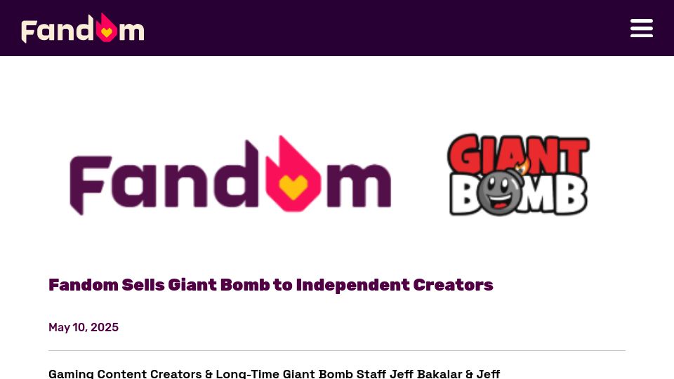 Screenshot of about.fandom.com: Fandom sells gaming media brand Giant Bomb to long-term staff