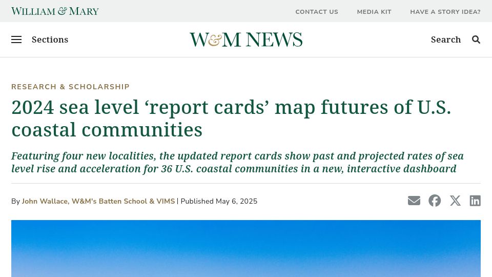 Screenshot of news.wm.edu: 2024 sea level 'report cards' map futures of U.S. coastal communities