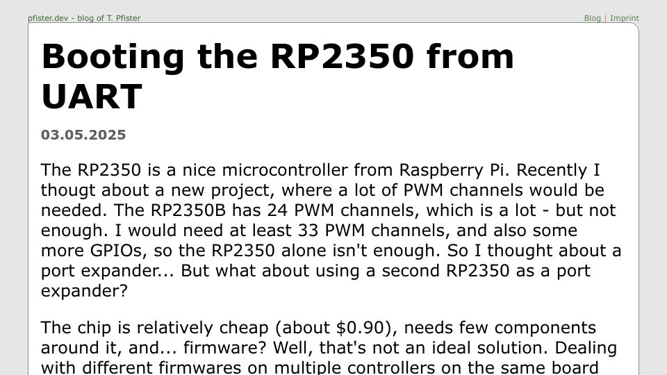 Screenshot of pfister.dev: Booting the RP2350 from UART