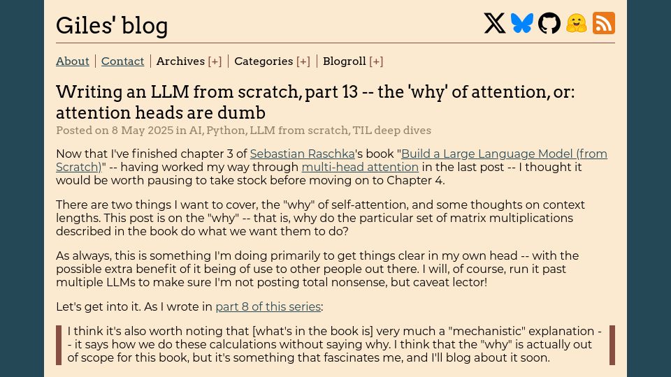 Screenshot of gilesthomas.com: Writing an LLM from scratch, part 13 – attention heads are dumb