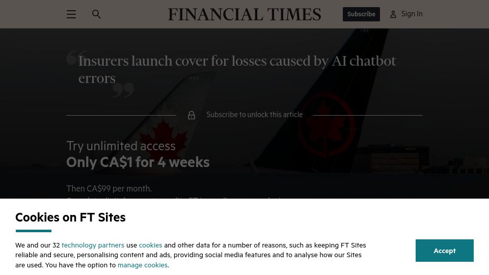 Screenshot of ft.com: Insurers launch cover for losses caused by AI chatbot errors