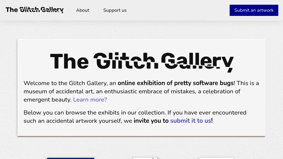 Screenshot of glitchgallery.org: An online exhibition of pretty software bugs
