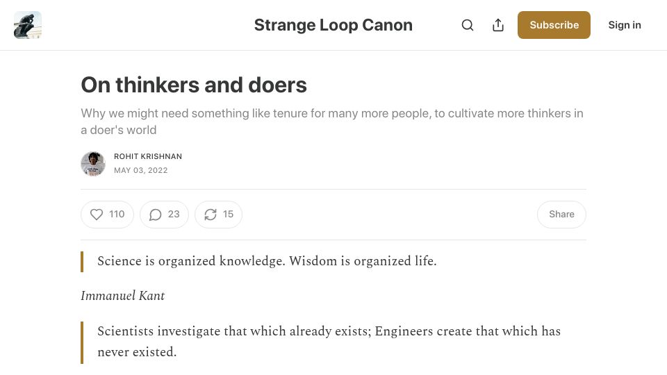Screenshot of strangeloopcanon.com: On thinkers and doers (2022)