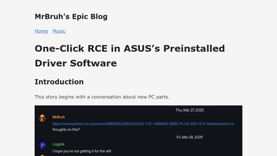 Screenshot of mrbruh.com: One-Click RCE in Asus's Preinstalled Driver Software