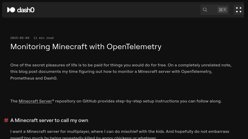 Screenshot of dash0.com: Monitoring my Minecraft server with OpenTelemetry and Prometheus