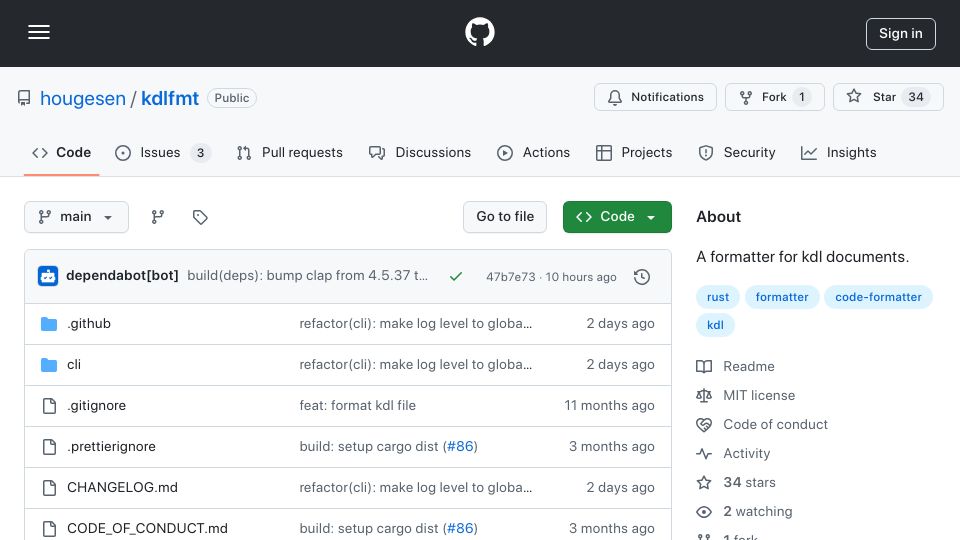 Screenshot of github.com: A formatter for your kdl files