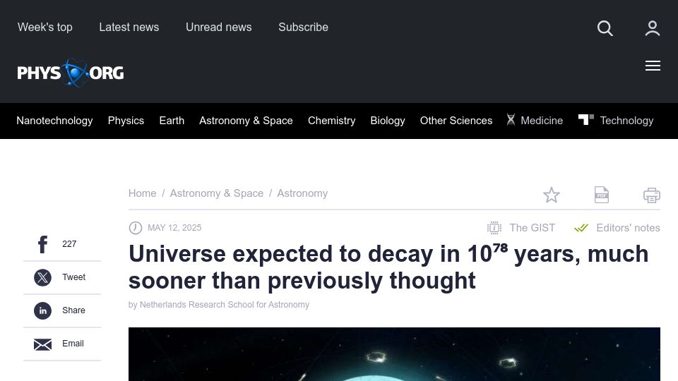Screenshot of phys.org: Universe expected to decay in 10⁷⁸ years, much sooner than previously thought
