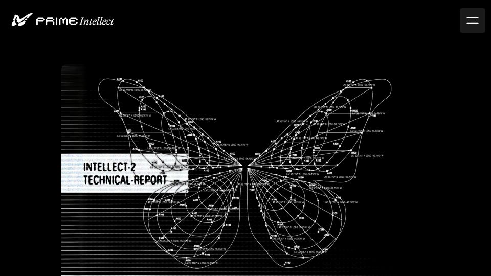 Screenshot of primeintellect.ai: Intellect-2 Release: The First 32B Model Trained Through Globally Distributed RL