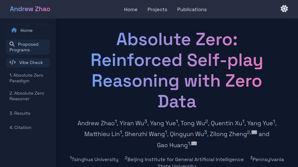 Screenshot of andrewzh112.github.io: Absolute Zero Reasoner