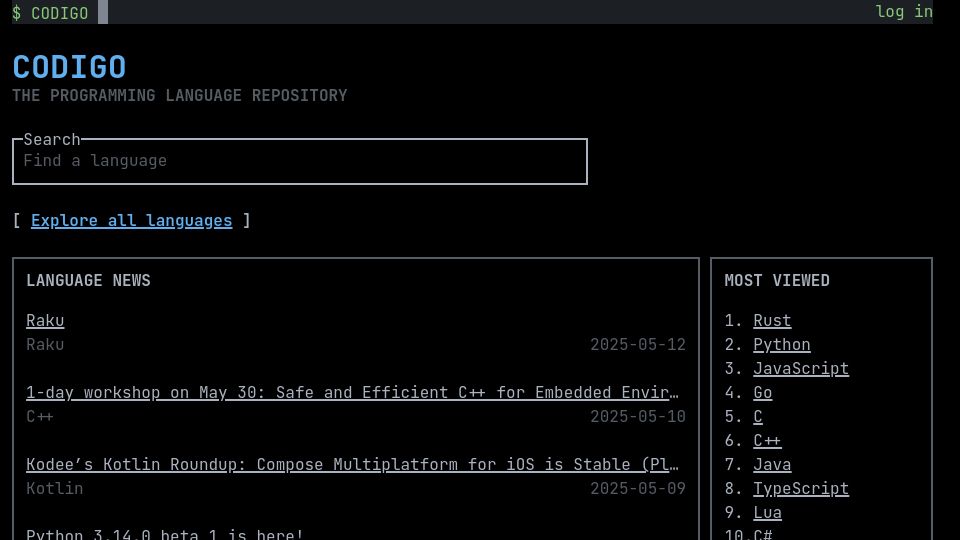 Screenshot of codigolangs.com: Show HN: Codigo – The Programming Language Repository