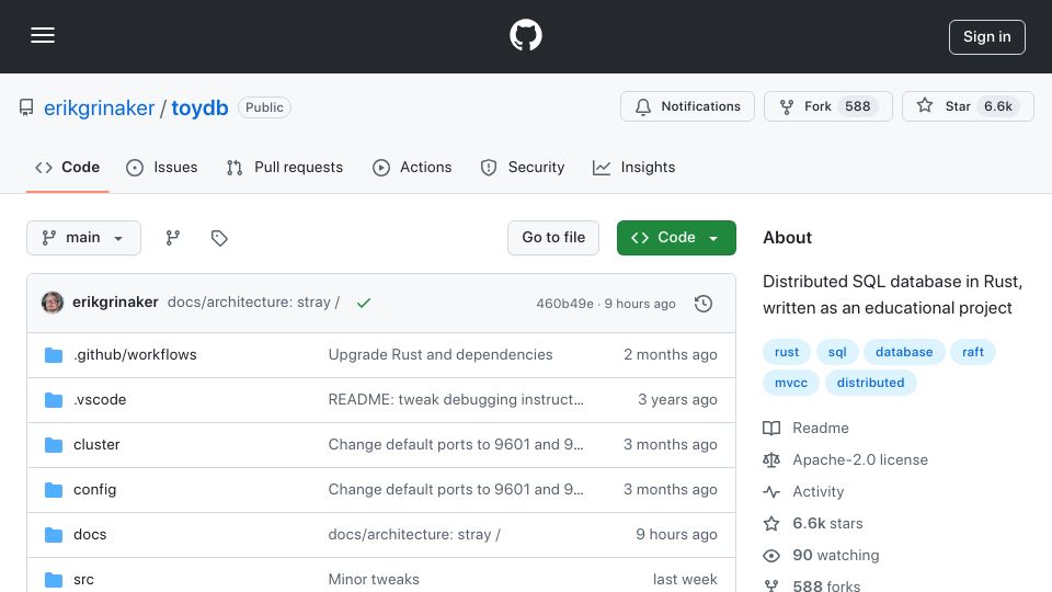 Screenshot of github.com: ToyDB rewritten: a distributed SQL database in Rust, for education