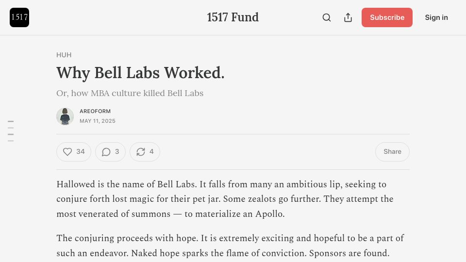 Screenshot of 1517.substack.com: Why Bell Labs Worked