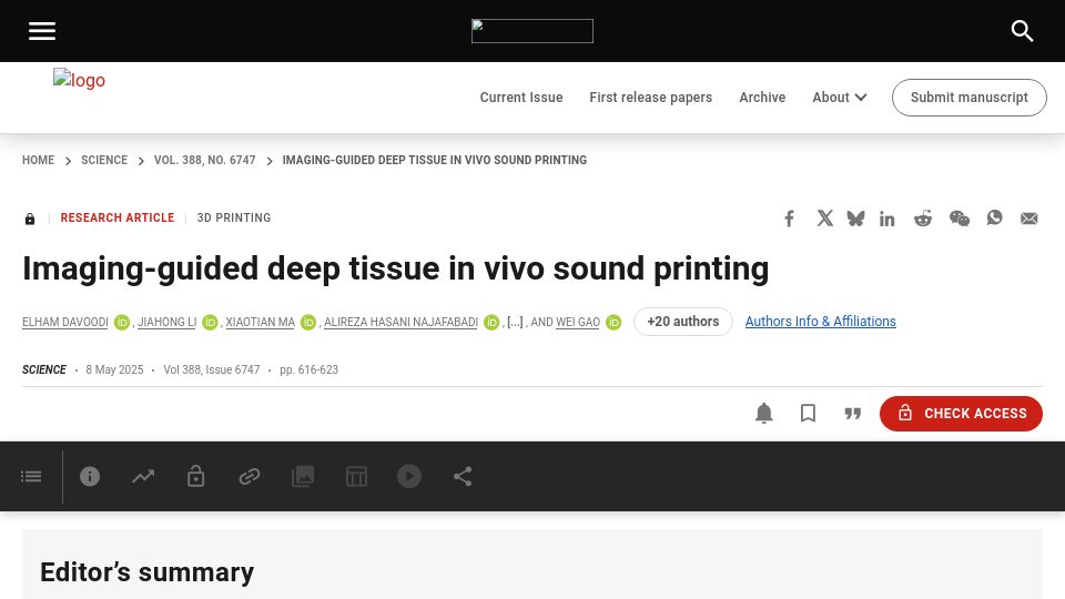 Screenshot of science.org: 3D printing in vivo for non-surgical implants and drug delivery