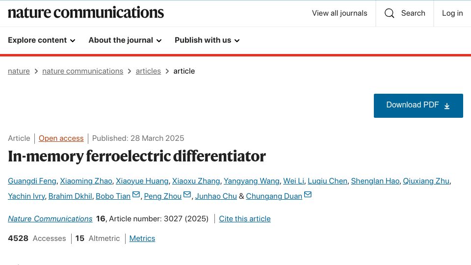 Screenshot of nature.com: In-Memory Ferroelectric Differentiator