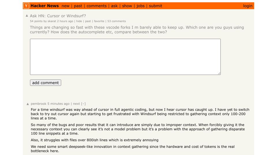 Screenshot of Hacker News post: Ask HN: Cursor or Windsurf?