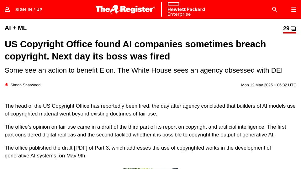 Screenshot of theregister.com: US Copyright Office found AI companies breach copyright. Its boss was fired