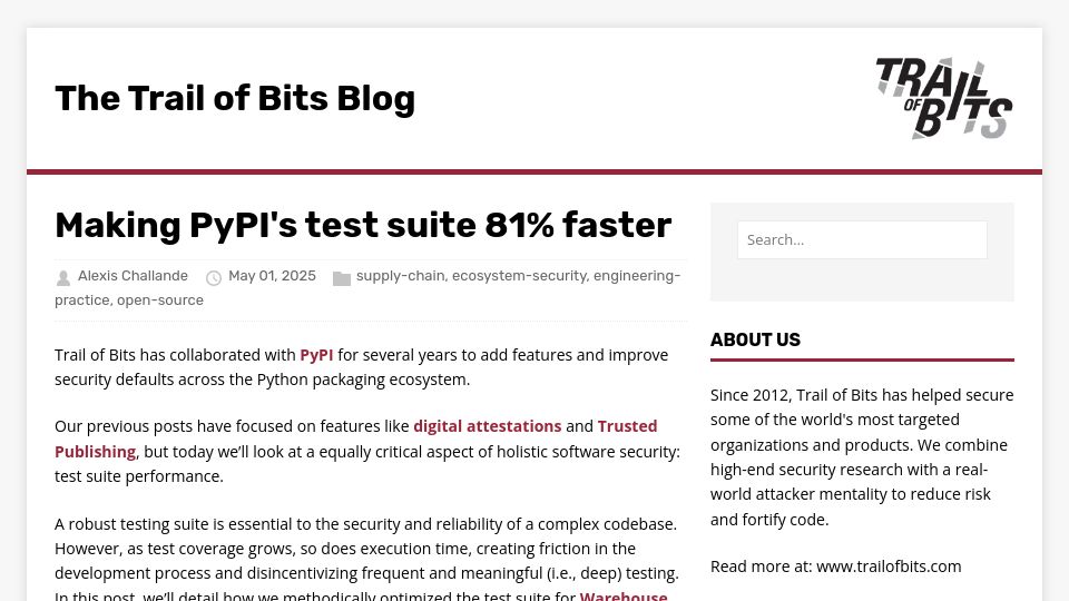 Screenshot of blog.trailofbits.com: Making PyPI's test suite faster
