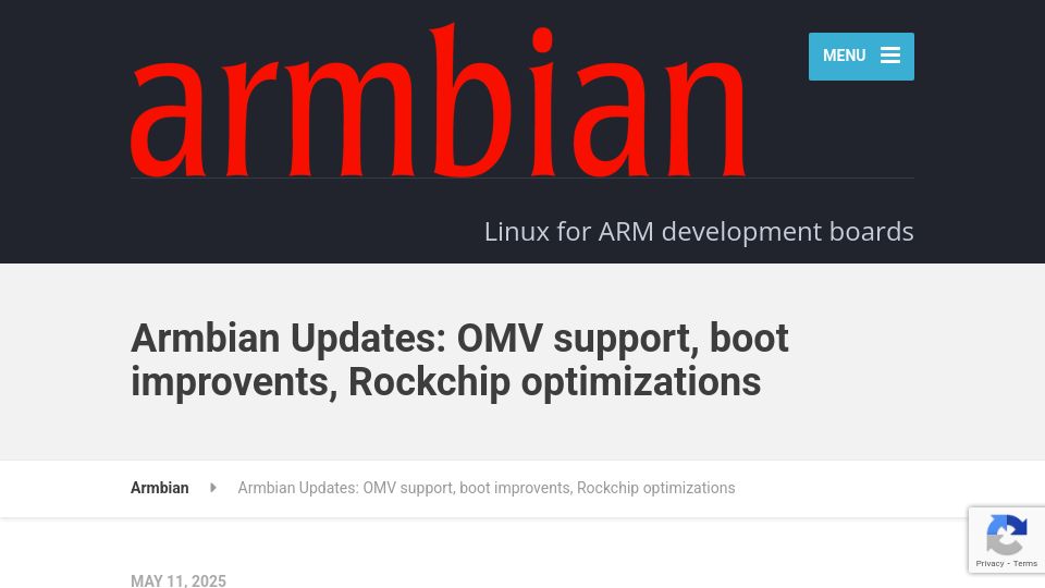 Screenshot of armbian.com: Armbian Updates: OMV support, boot improvents, Rockchip optimizations
