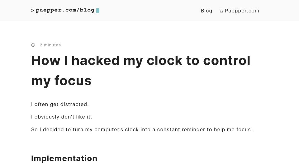 Screenshot of paepper.com: I hacked my clock to control my focus