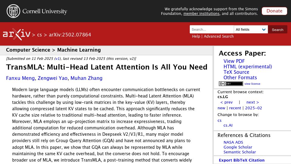 Screenshot of arxiv.org: TransMLA: Multi-head latent attention is all you need