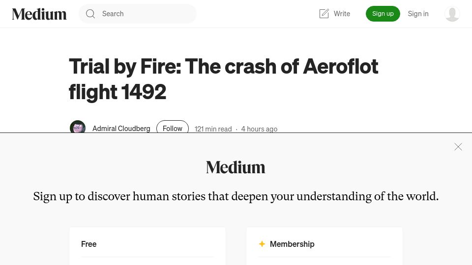 Screenshot of admiralcloudberg.medium.com: Trial by Fire: The crash of Aeroflot flight 1492