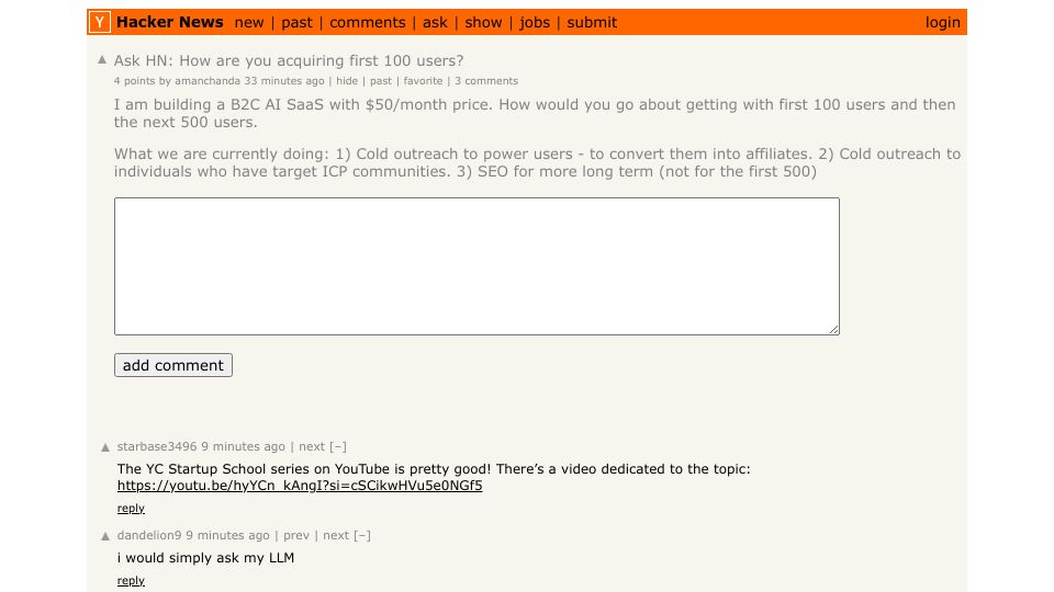 Screenshot of Hacker News post: Ask HN: How are you acquiring your first hundred users?