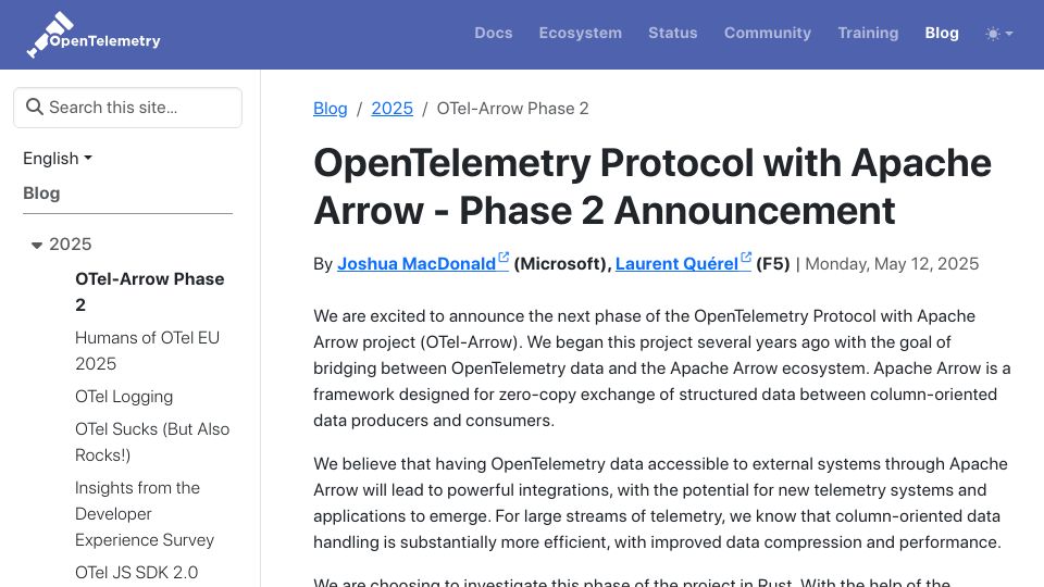 Screenshot of opentelemetry.io: OpenTelemetry protocol with Apache Arrow