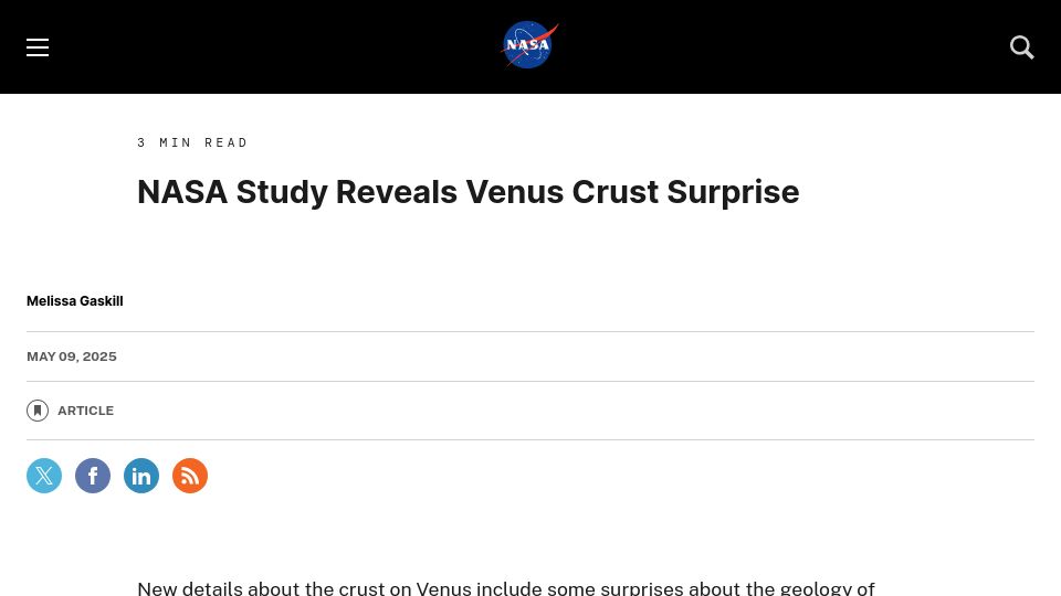 Screenshot of science.nasa.gov: NASA study reveals Venus crust surprise
