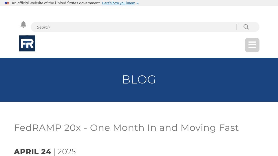 Screenshot of fedramp.gov: FedRAMP 20x – One Month in and Moving Fast