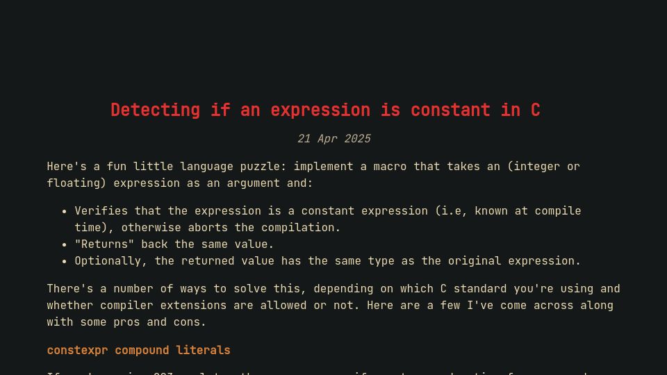 Screenshot of nrk.neocities.org: Detecting if an expression is constant in C